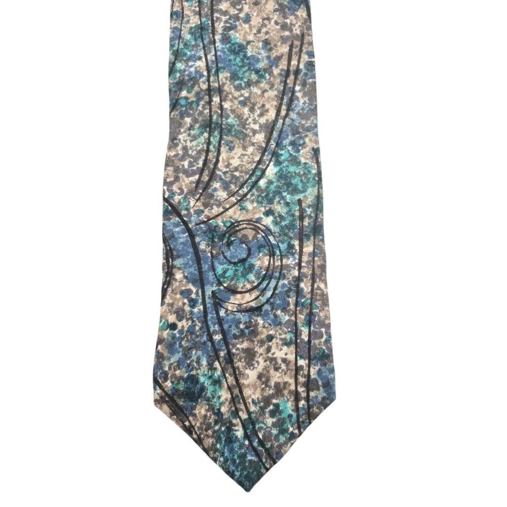 Classy Italian Silk Tie Abstract Swirl Design Blue Green Black 3.8x56" US Made - Picture 2 of 6